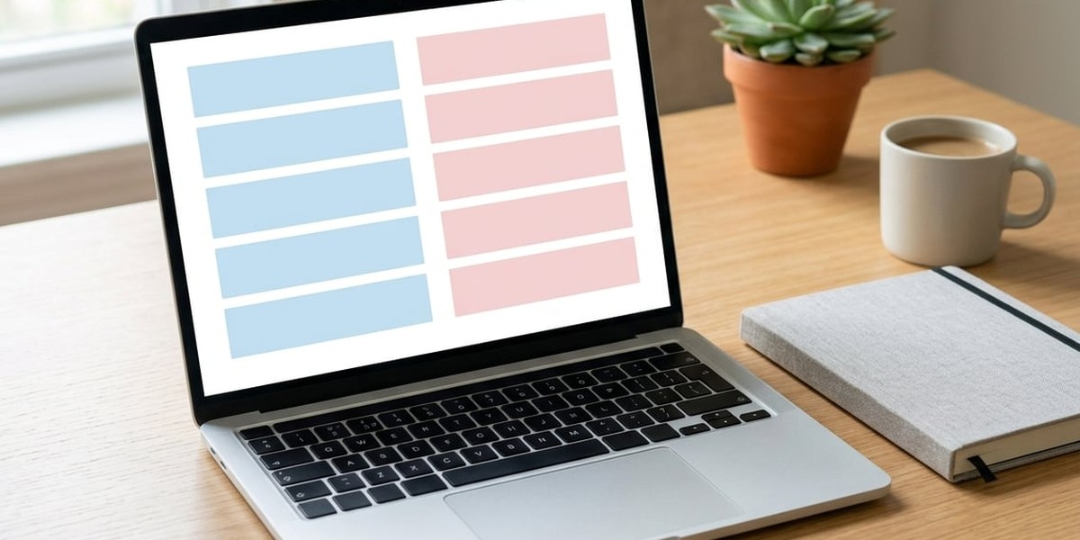 Laptop showing two columns of blank coloured price boxes in blue and pink on a desk, beside a notebook, a mug and a small succulent