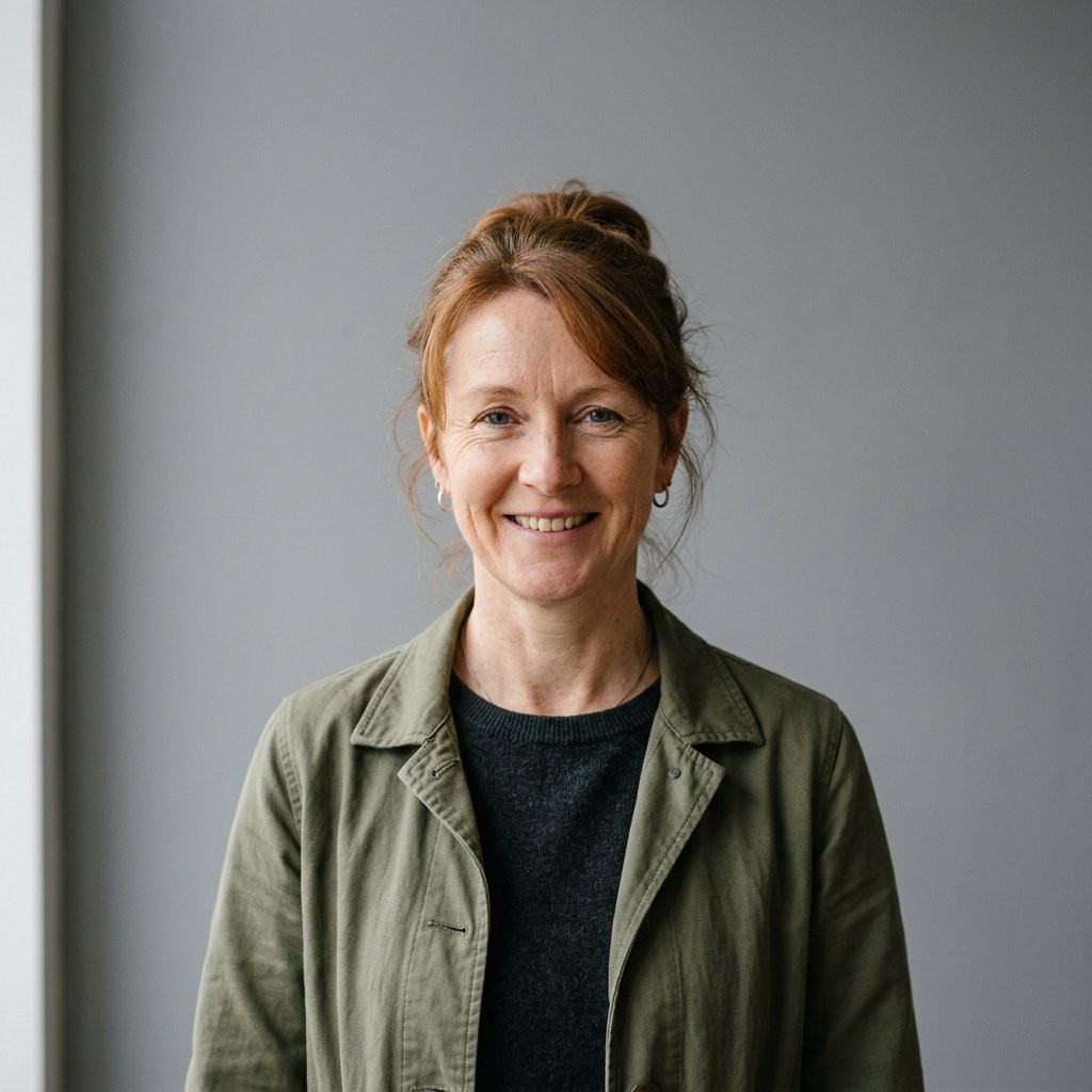 Portrait of Fiona Galbraith, a woman in her mid forties with auburn hair tied back, wearing an olive green jacket, photographed against a plain grey wall