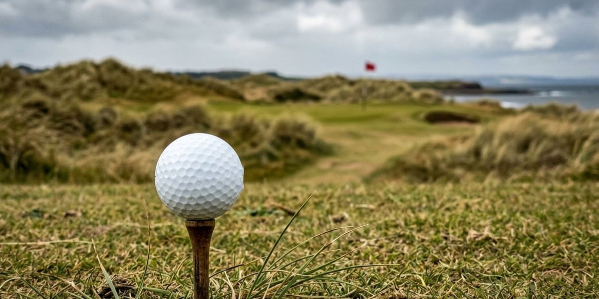Golf ball on a tee on a links course fairway under a grey Scottish sky, with dunes and a flag in the distance